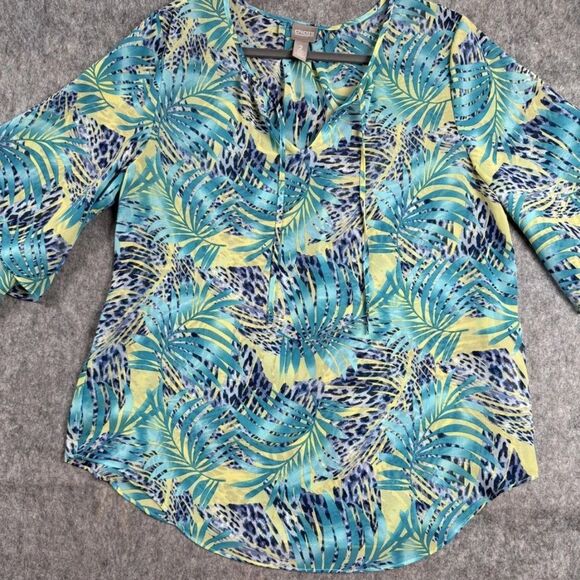 Chico's Blouse Top Women's 2 Multicolour Palm Leaf Print 100% Polyester Pullover - Picture 1 of 8